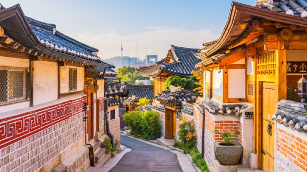 Sunrise of Bukchon Hanok Village in Seoul, South Korea.