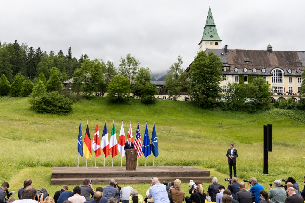 GARMISCH-PARTENKIRCHEN, GERMANY - JUNE 28: German Chancellor Olaf Scholz speaks to the media at the last day of the three-day G7 summit at Schloss Elmau on June 28, 2022 near Garmisch-Partenkirchen, Germany. Leaders of the G7 group of nations are officially coming together under the motto: "progress towards an equitable world" and will discuss global issues including war, climate change, hunger, poverty and health. Overshadowing this year's summit is the ongoing Russian war in Ukraine. (Photo by Christian Ender/Getty Images)